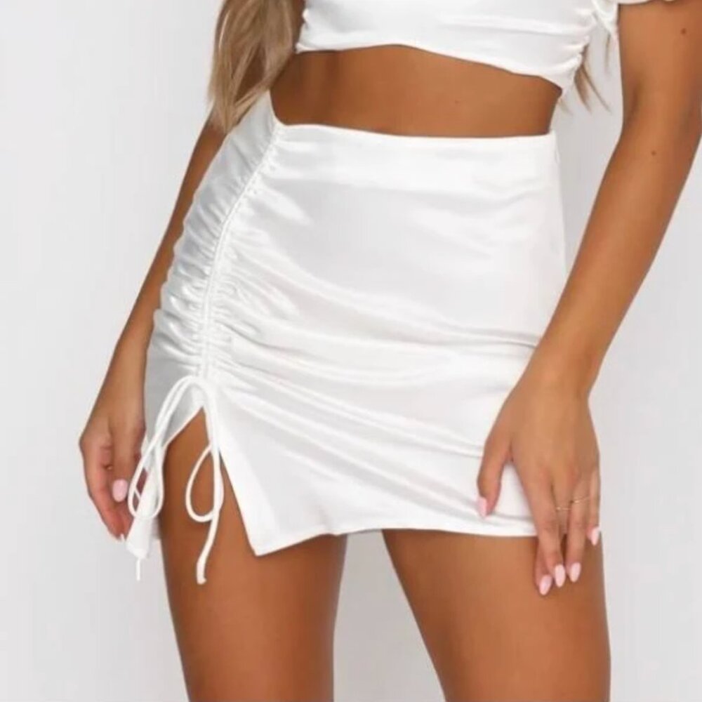 White Fox Boutique White Satin Mini Skirt with Drawstring Size S